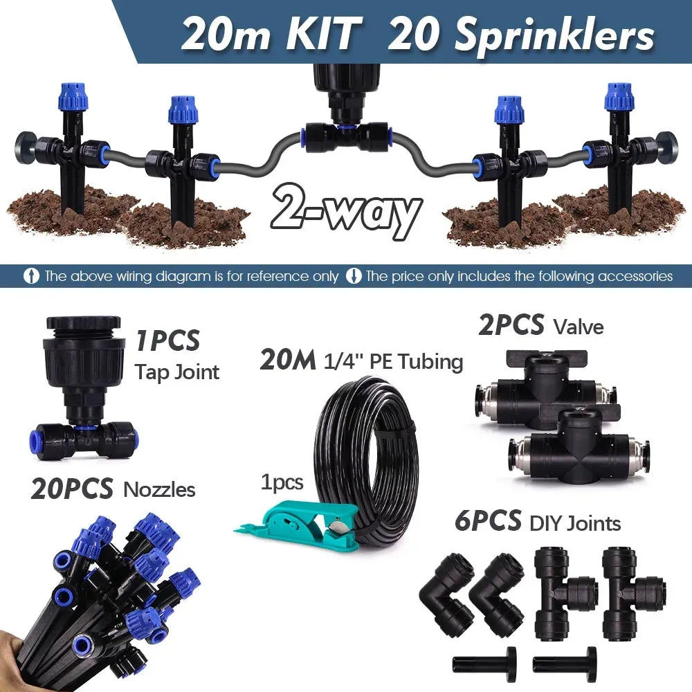 20 m drip watering kit layout with stake sprinklers, blue nozzles, and tubing