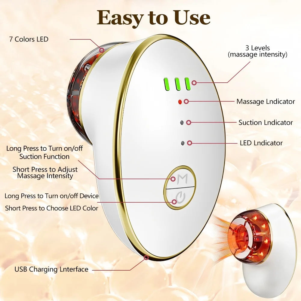 White, oval 3-in-1 facial sculpting device with gold trim, LED indicators, and a red light massage head.