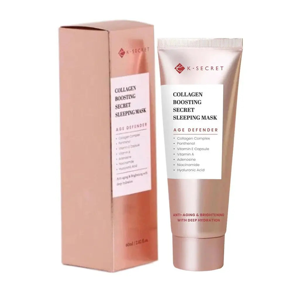 Collagen Boosting Secret Sleeping Mask set, pink-toned tube with boxed packaging