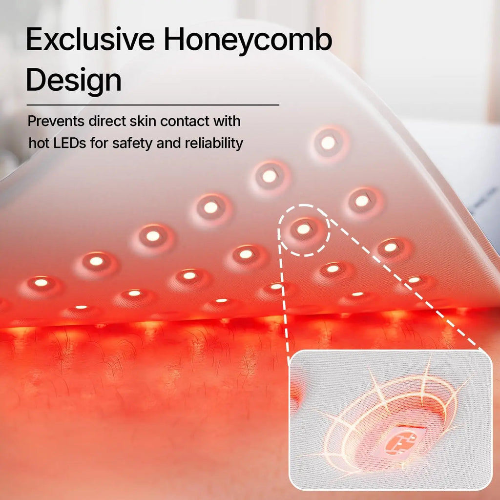 Red light therapy mat featuring a flexible, white, honeycomb-patterned fabric with recessed glowing LED lights.