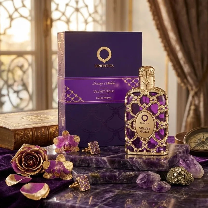 Orientica Velvet Gold 100ml EDP: A luxury floral unisex perfume in an ornate purple and gold bottle.