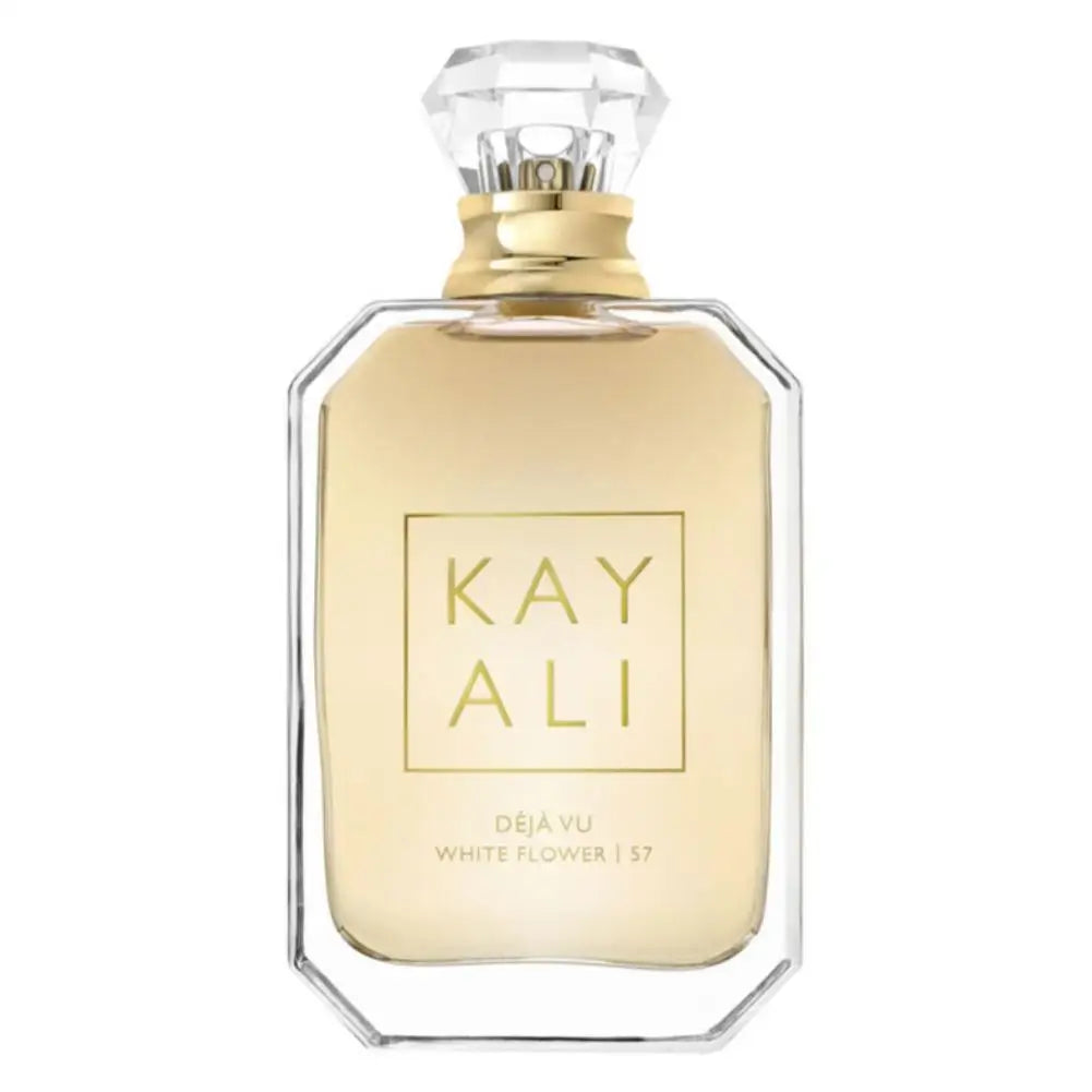 Kayali Déjà Vu White Flower 57 EDP: 100ml luxury floral scent in a signature geometric glass bottle with crystal cap.