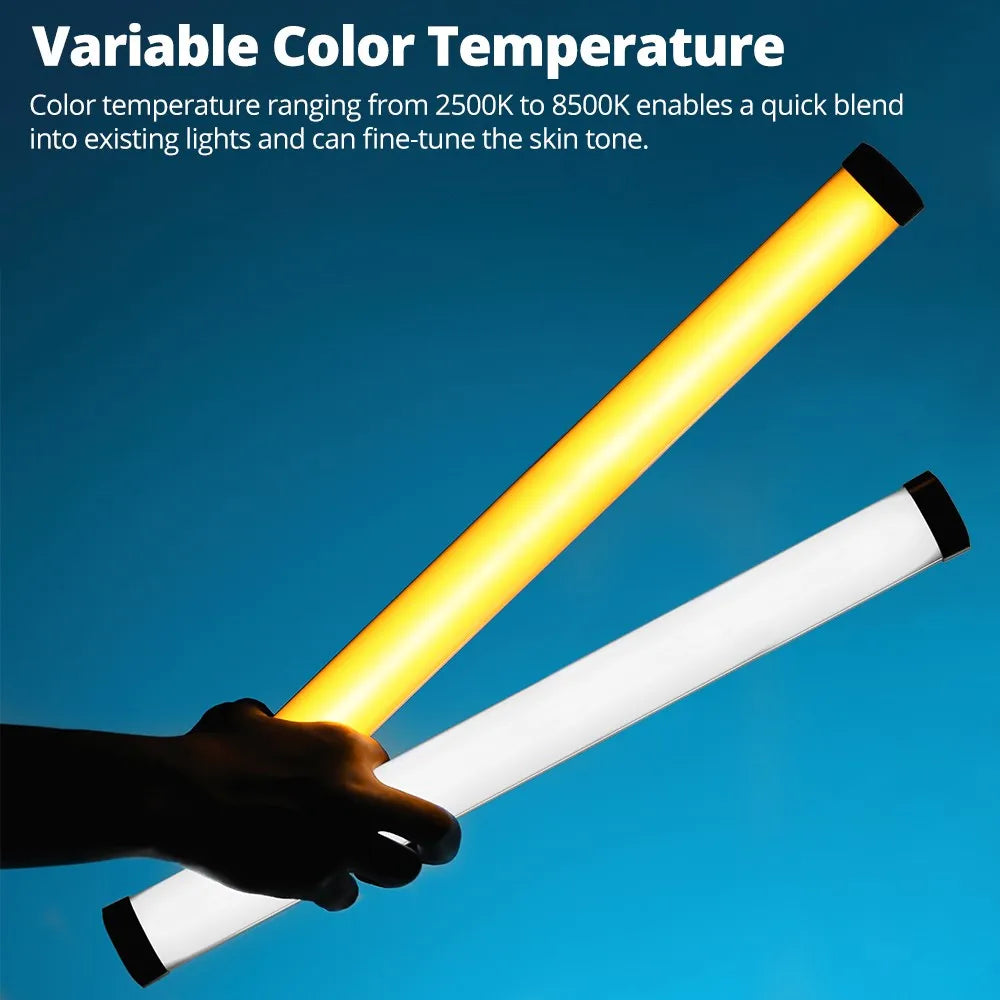 Handheld LED light wand with adjustable color temperature, showing warm yellow and cool white light settings.