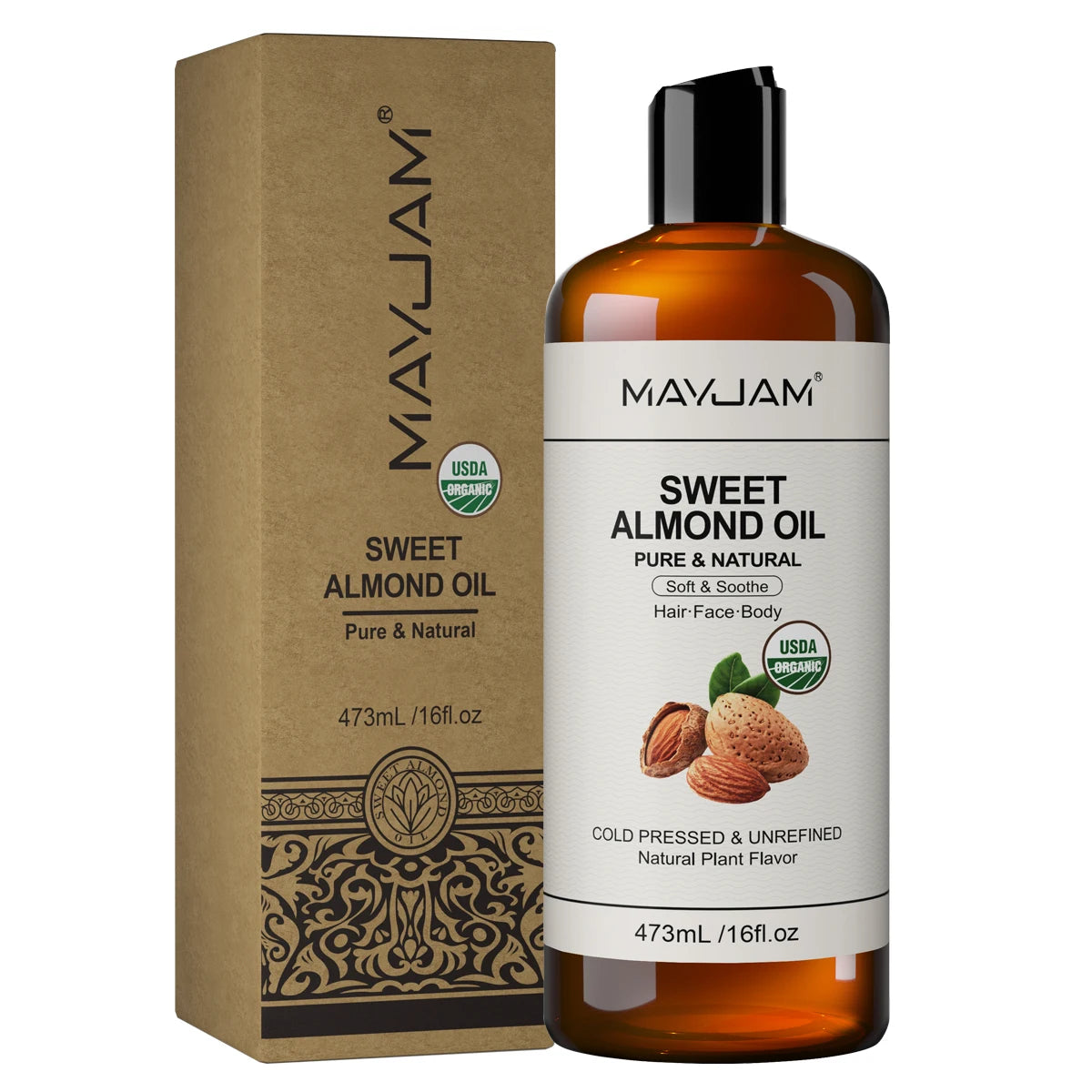 Tidesmit USDA Organic Sweet Almond Oil for hair, face, and skin. Cold-pressed, unrefined natural oil for body massage.