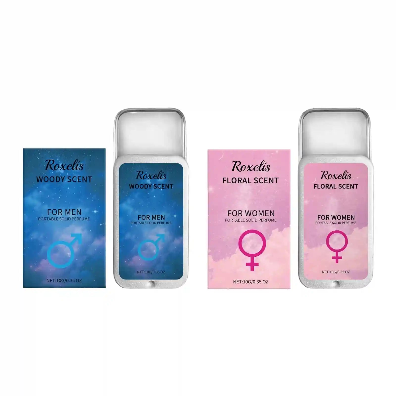 Roxelis couple’s pocket solid perfume set: woody scent for men and floral scent for women in portable metal tins.