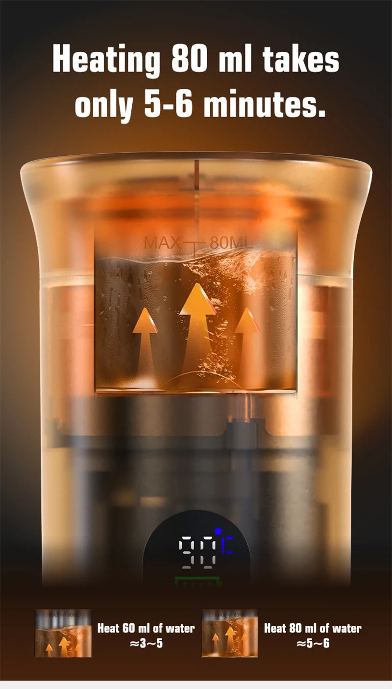 Portable electric coffee and tea heater with 80ml capacity, digital temp display, and fast 5-6 minute heating cycle.
