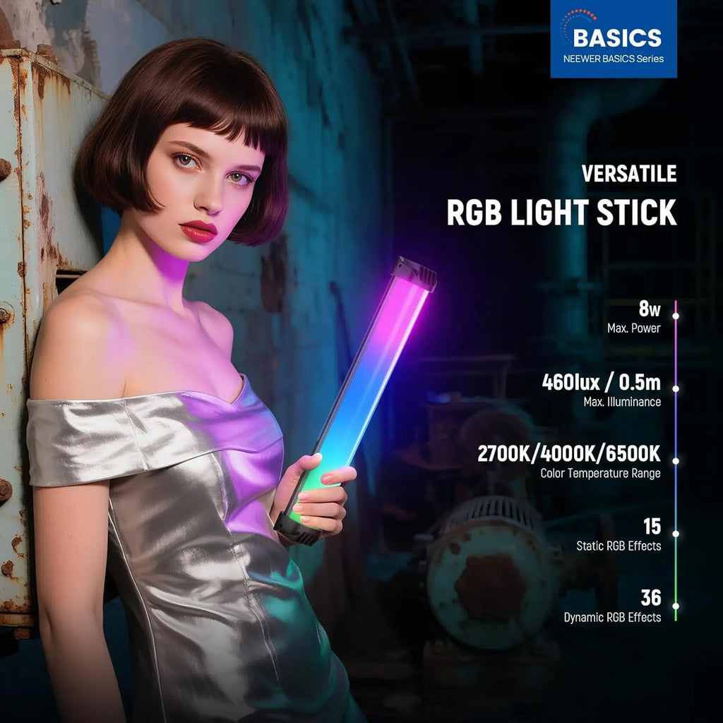 Handheld cylindrical RGB light stick emitting a gradient glow, used for portable photography and creative lighting.