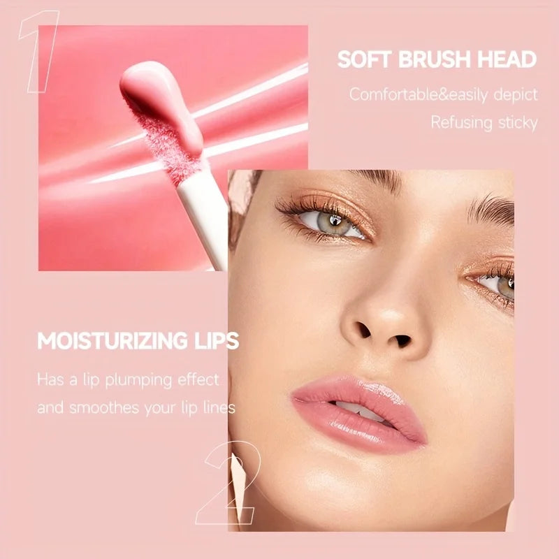 Non-sticky butter lip cream with soft brush applicator for a moisturizing, high-pigment, plumping nude lip makeup look.