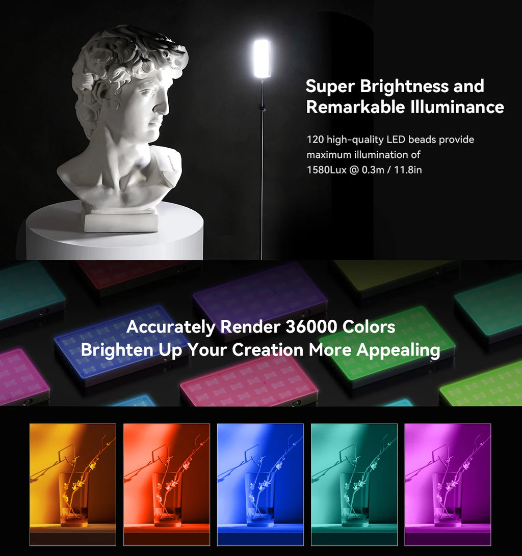 Portable rectangular LED video light panel featuring adjustable full-color output for photography and creative lighting.