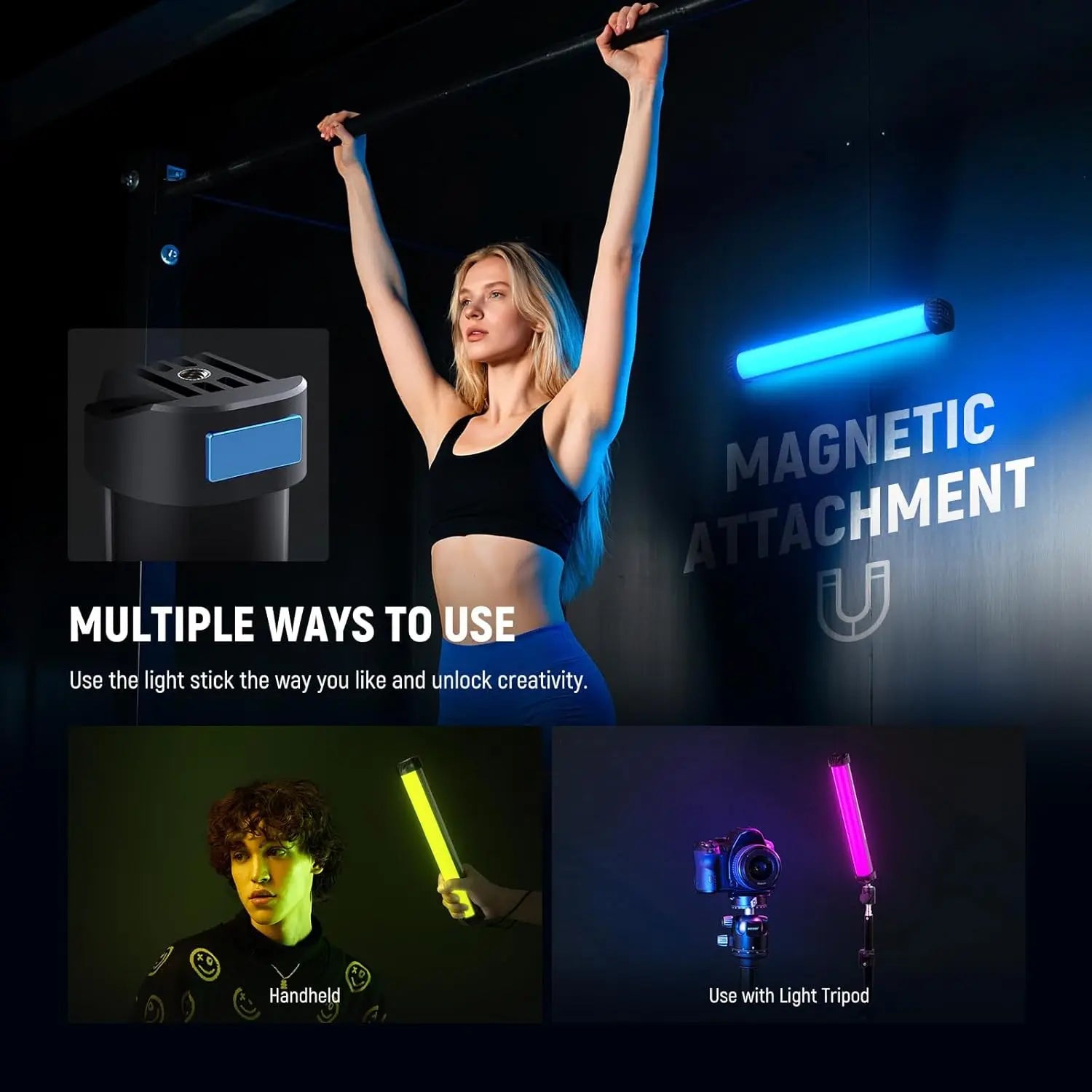 Portable LED light stick with magnetic mount, handheld use, or tripod mounting for photography and video lighting.