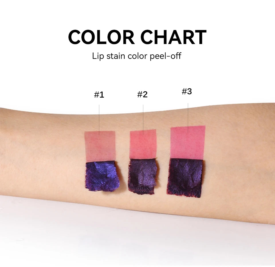 3-color peel-off lip stain chart on skin, showing matte transfer-resistant tattoo lip gloss swatches before peeling.