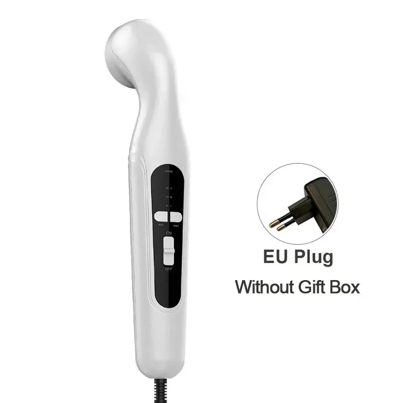 White handheld ultrasound physiotherapy device for muscle pain relief, body massage, and arthritis with EU plug.