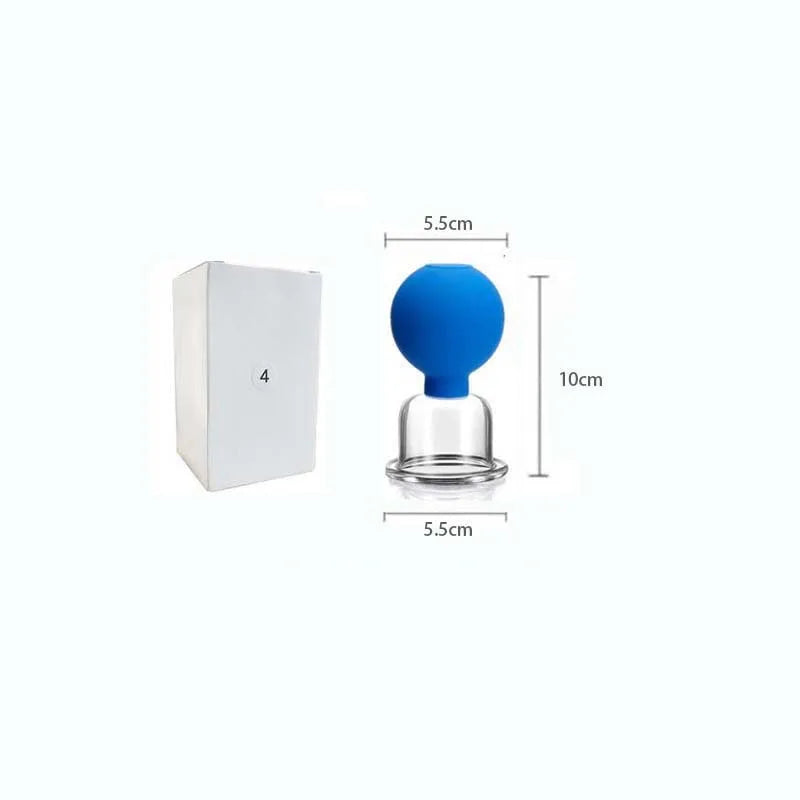 A facial cupping tool with a blue rubber bulb and glass suction cup, shown with dimensions next to its product box.