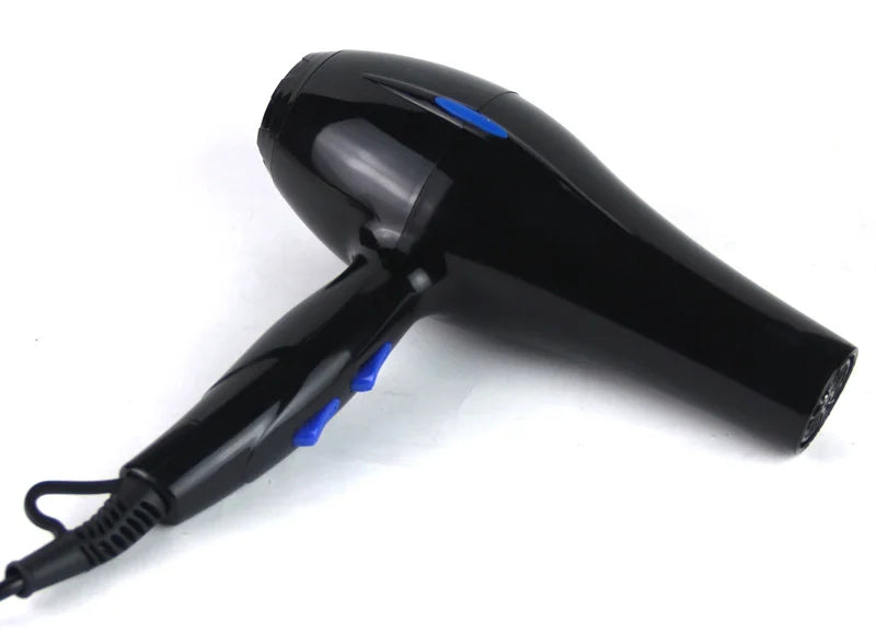 Professional black hair dryer with hot and cold wind settings, ergonomic handle, and blue control buttons.