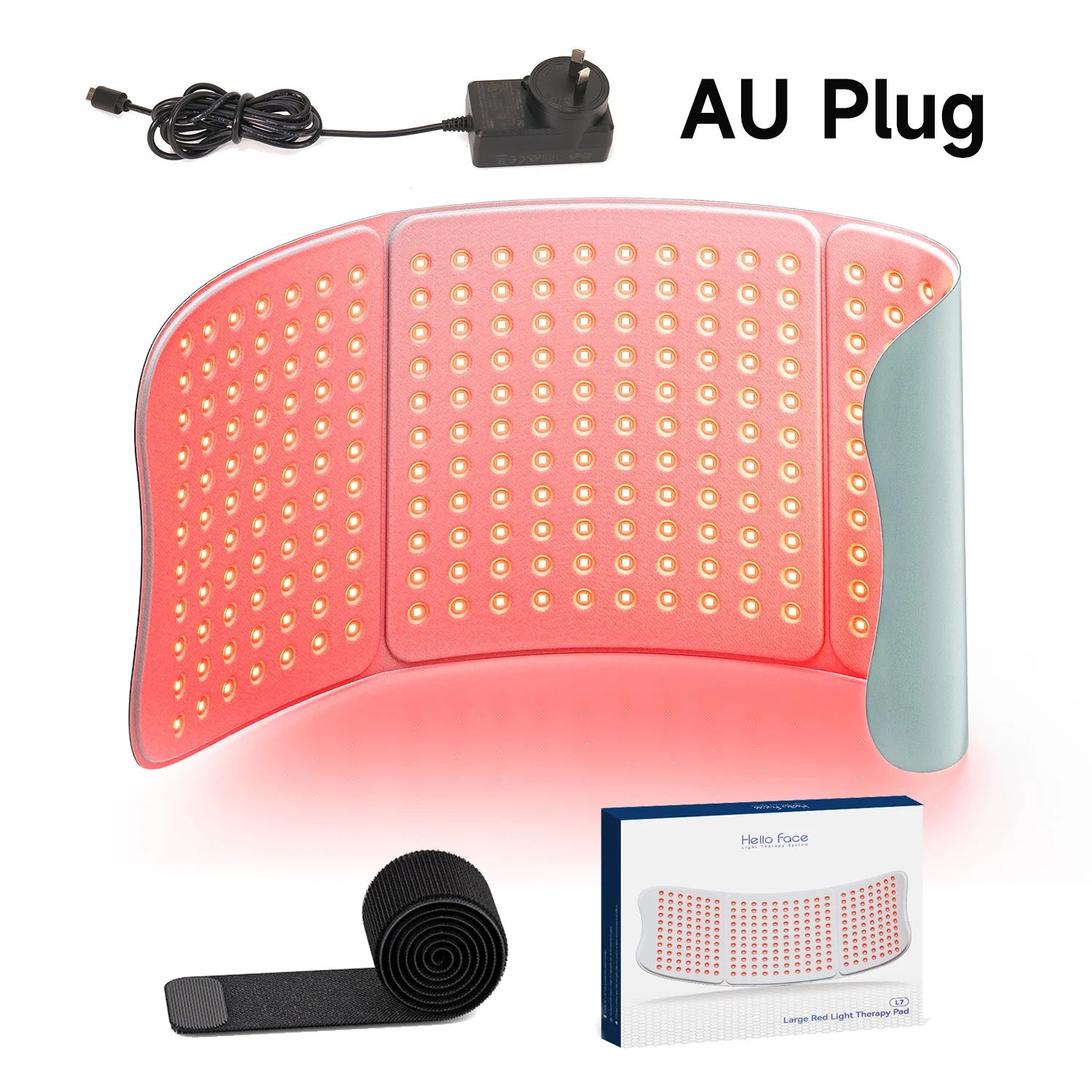 Large flexible red light therapy mat with LEDs, AU plug, velcro strap, and packaging box.
