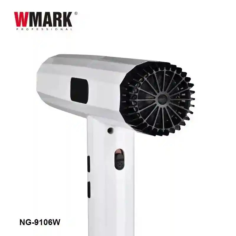 WMARK NG-9106W professional white hair dryer with black rear grille and sleek, modern ergonomic handle design.