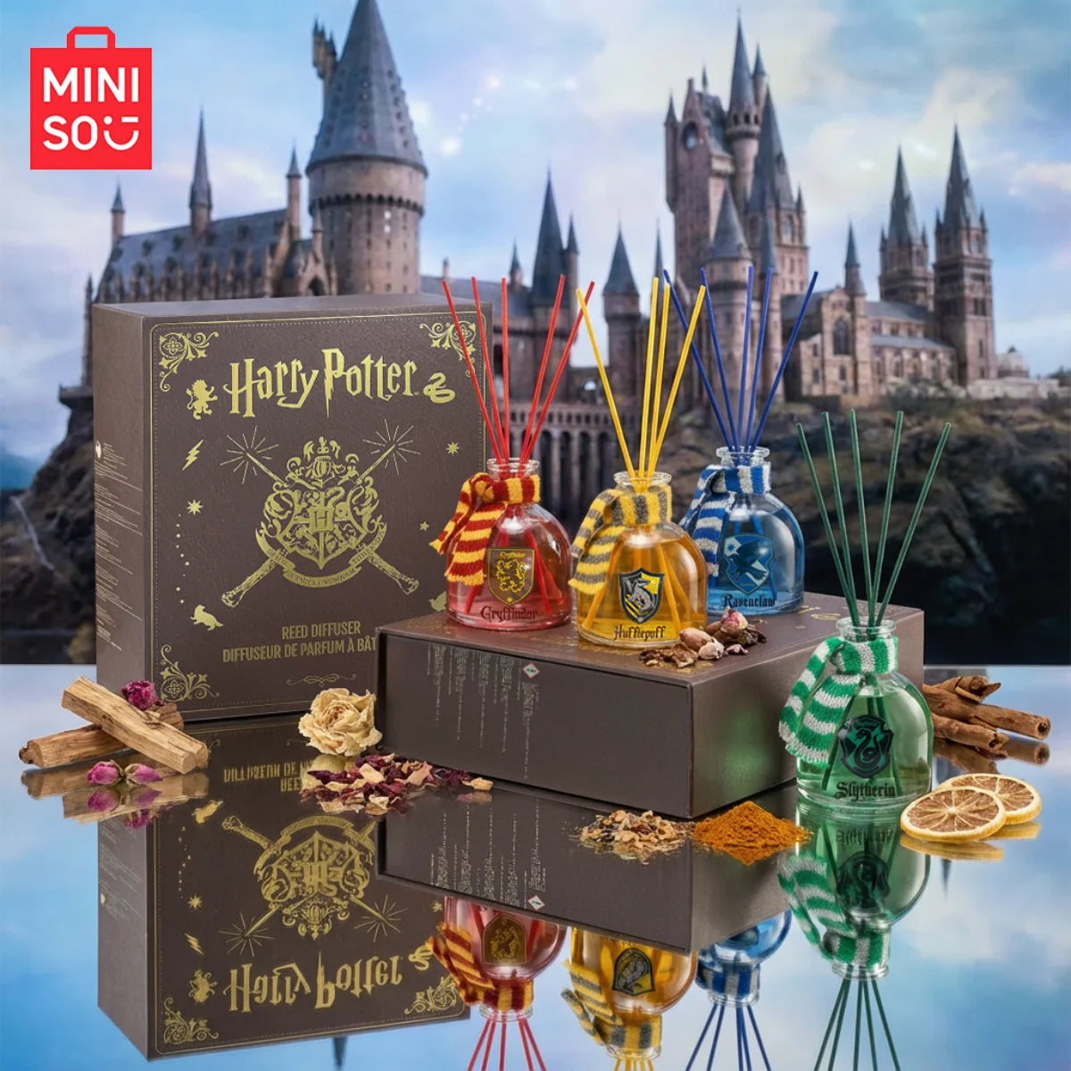 MINISO Harry Potter Magic Academy 4pc Reed Diffuser Set. Glass bottles with house scarves, home fragrance air freshener.
