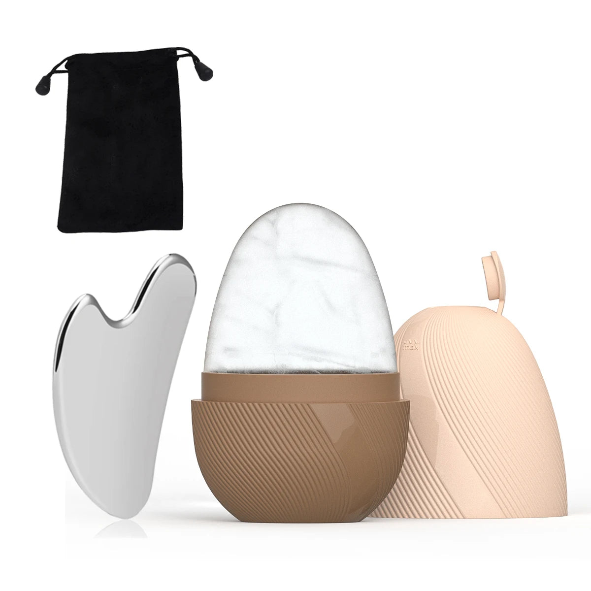 Ice face roller, silver stainless steel gua sha tool, and a black storage pouch on a white background.