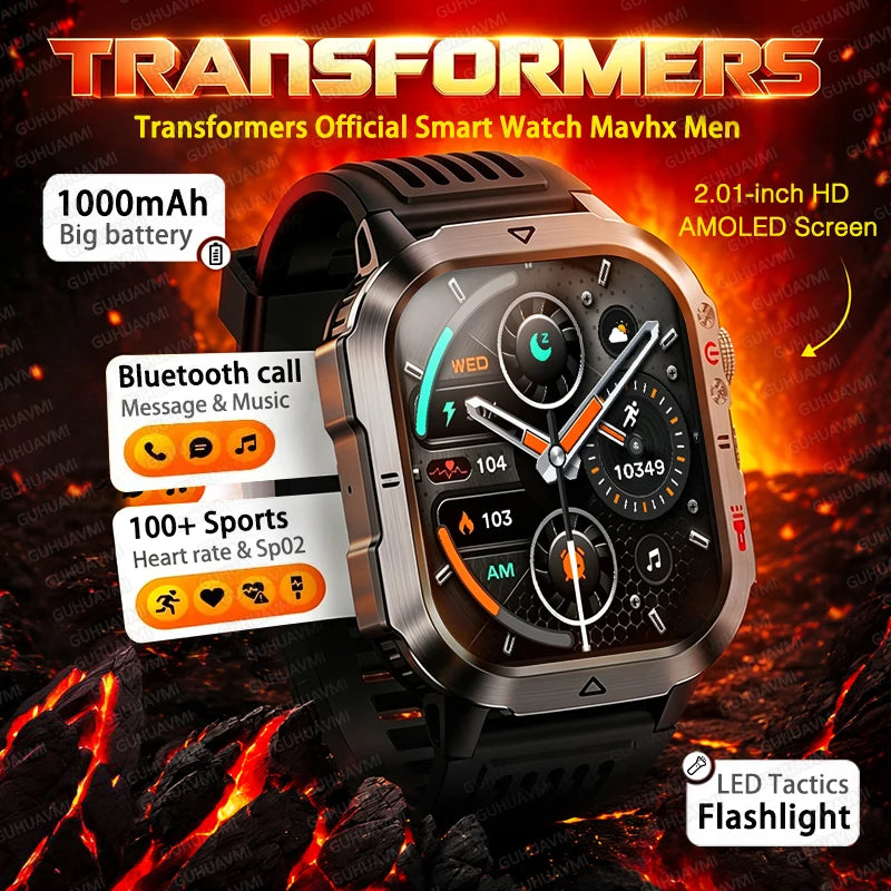 Official Transformers Men Military Smartwatch 1000mAh Big Battery 2.01" HD AMOLED Display Bluetooth Call Waterproof Smart Watch