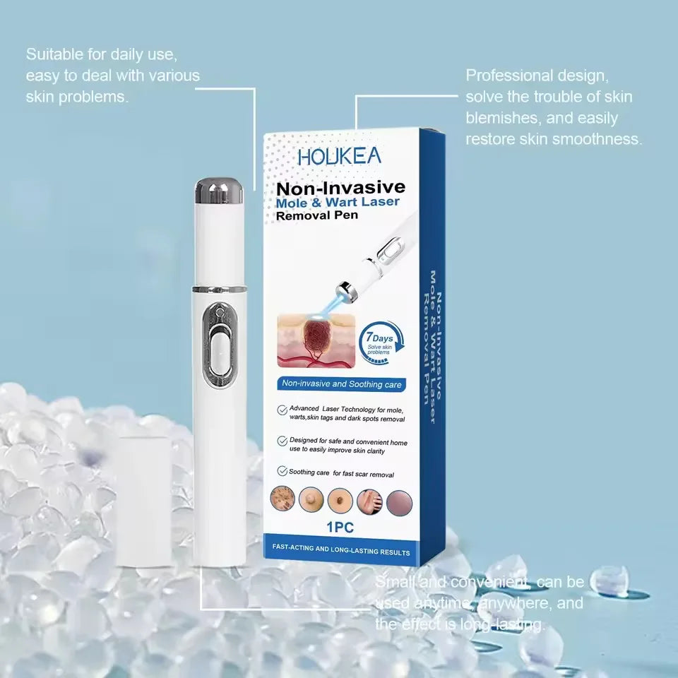 White, cylindrical wart and mole removal pen with metallic accents next to its product box on a blue background.