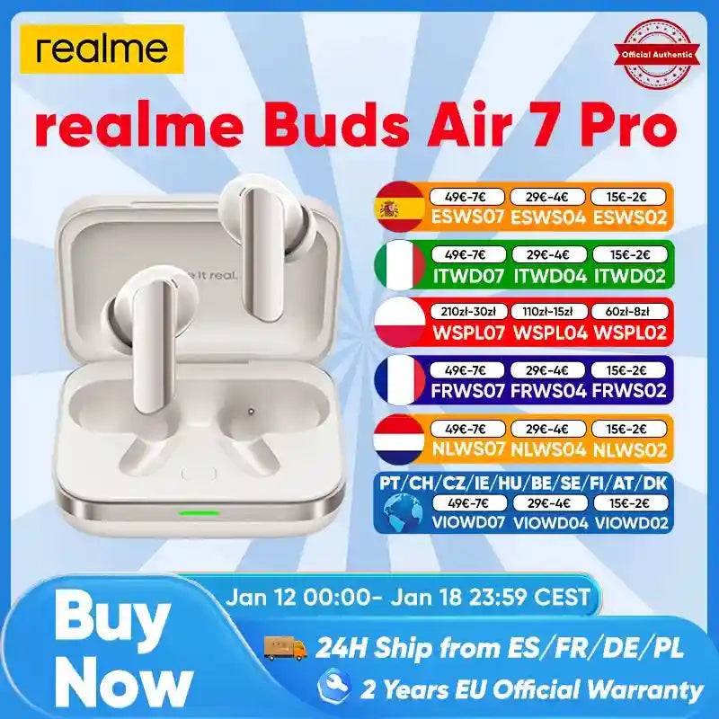 Realme Buds Air 7 Pro Wireless Earbuds - 53dB Active Noise Cancelling Tidesmit