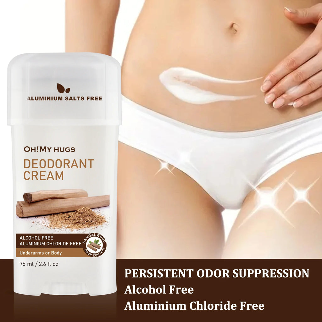 Persistent Sandalwood Deodorizing Cream in white stick applicator with smooth white lotion texture for body odor control.