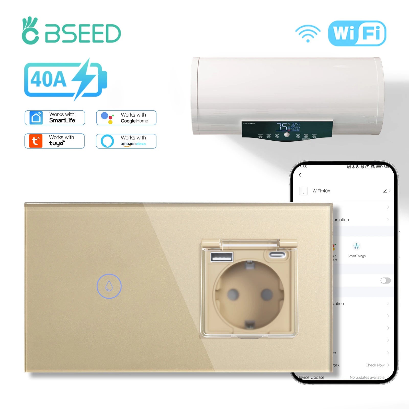 BSEED Wifi Smart Water Heater Switches Touch Boiler Switches 40A Plus EU Waterproof Socket For Kitchen Batroom Tuya Smart Life
