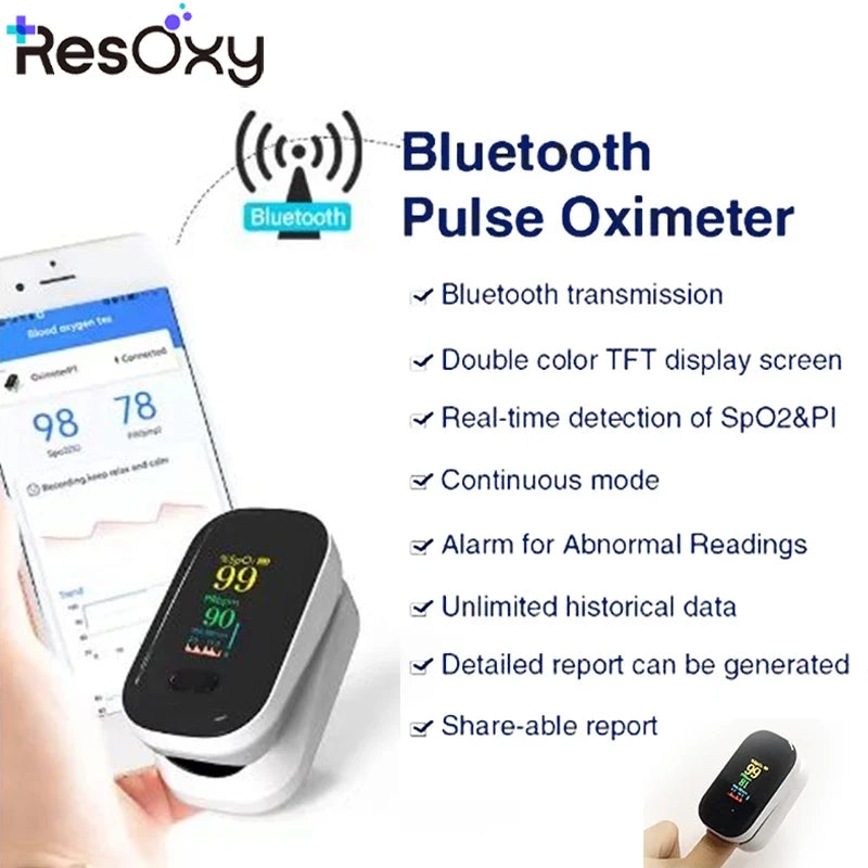 Resoxy Pulse Fingertip Oximeter Heart Rate Blood Oxygen Saturation Monitor TFT Display For Android Apple Apps Bluetooth Oximeter