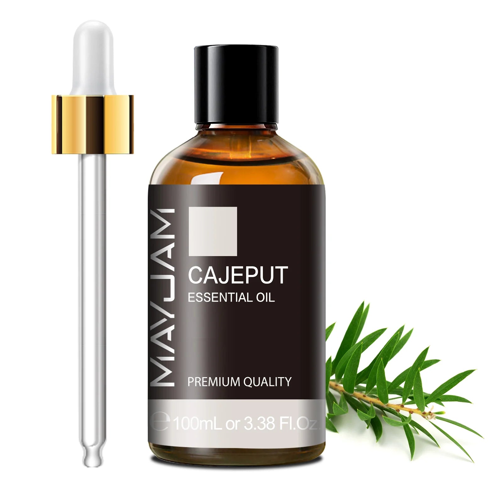 Cajeput essential oil bottle with dropper, amber glass, 100ml.