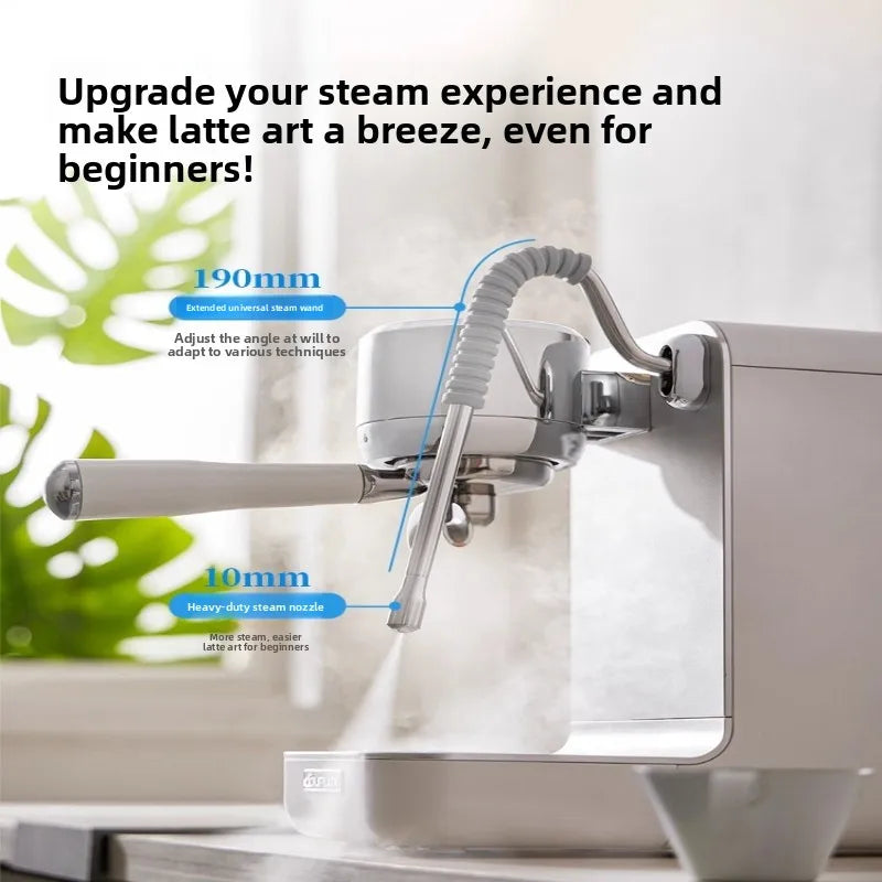 White espresso machine with 190mm flexible stainless steel steam wand and 10mm nozzle for professional latte art.