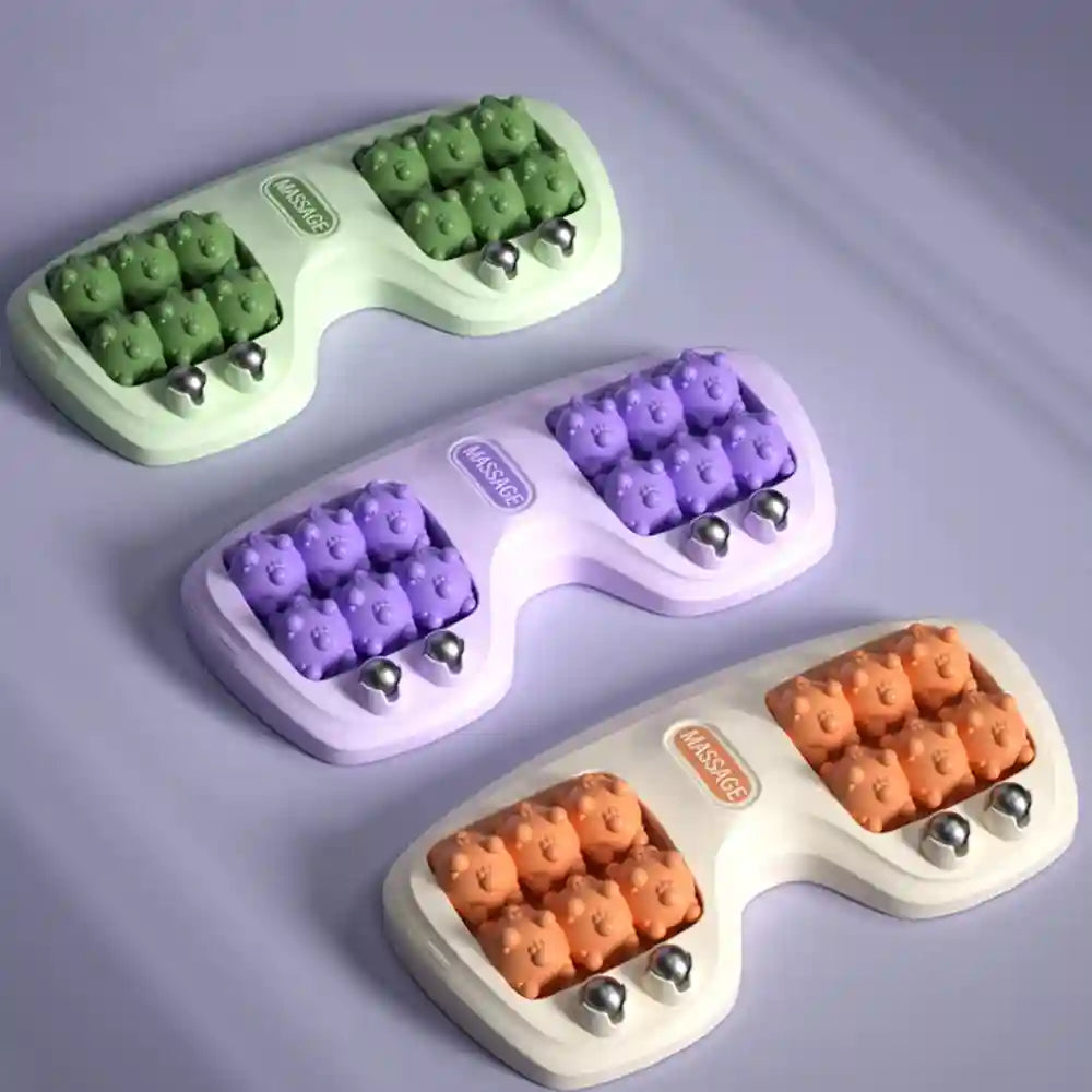 Tri-color magnetic foot roller massager with multi-point textured rollers for relief and therapeutic foot therapy.