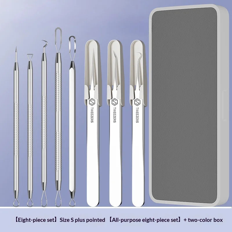 Stainless Steel Acne Needle Set of 8 Pieces, High-Density Blackhead Tweezers, Professional Acne Extraction Needles, Tool for Removing Closed Comedones, Portable Storage Set for Home and Beauty Salon Use
