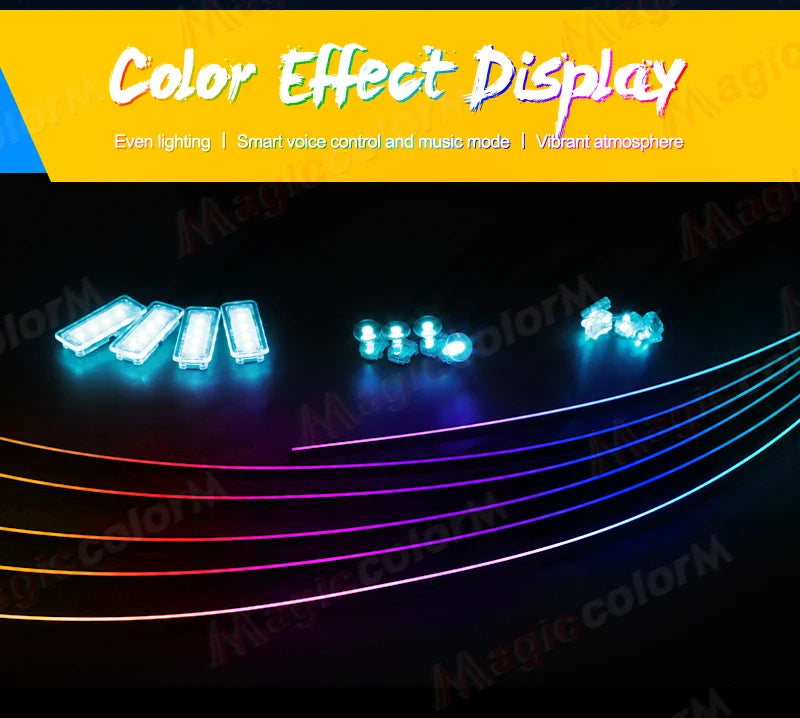 RGB LED ambient car interior lighting kit with light strips, controller units, and glowing light nodes.