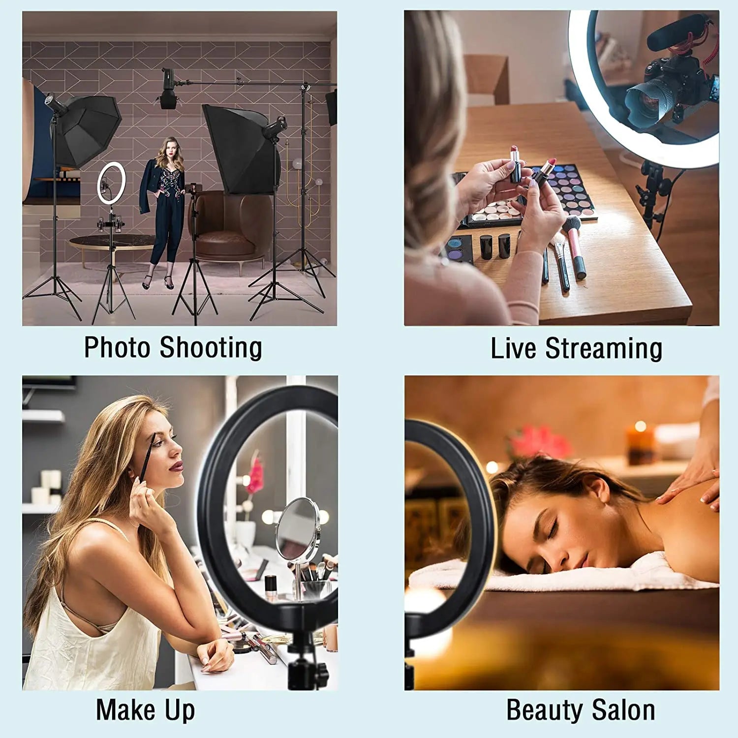 Black circular ring light on a tripod stand, used for photography, makeup application, streaming, and salon services.
