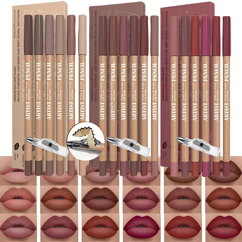 7-piece matte lip liner set with pencil sharpener, featuring long-lasting, highly pigmented neutral and berry shades.