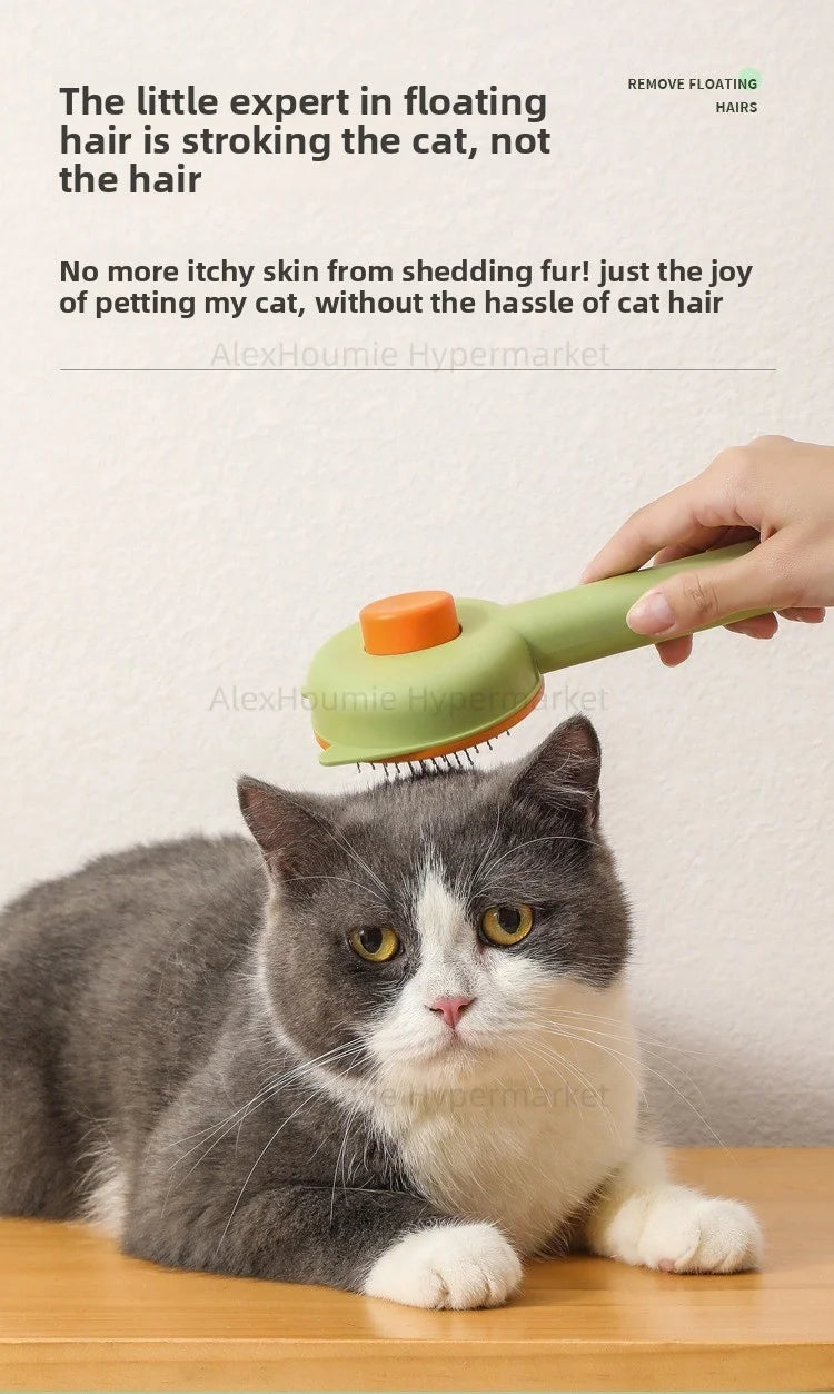 Green self-cleaning cat grooming brush removing shedding fur from a gray kitten for easy pet hair removal.