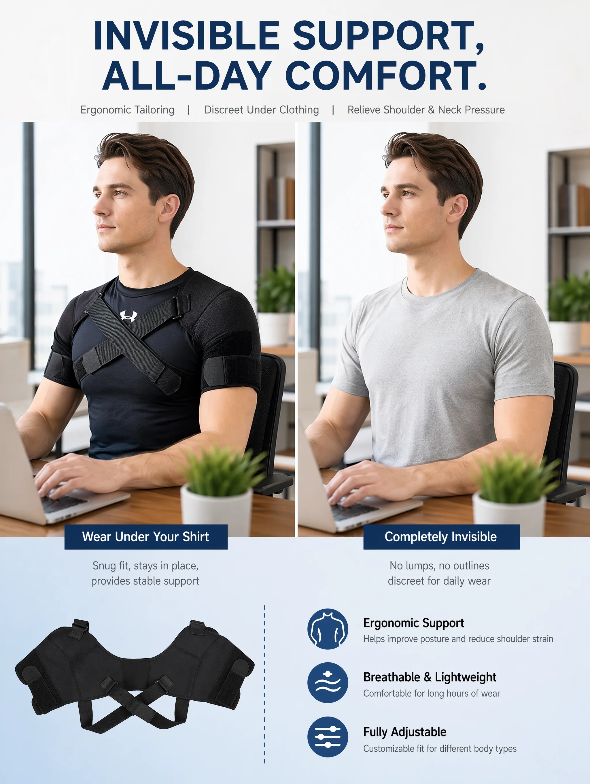 Double Shoulder Brace Adjustable Breathable Neoprene Compression Support Cross Strap for Men Women Sports Injury Pain Relief
