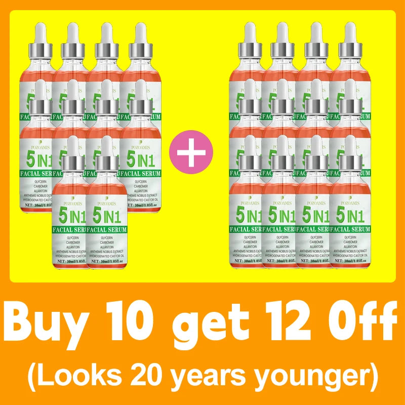 Pozoamis 5-in-1 facial serum bottles for radiant skin, reducing fine lines and wrinkles. Anti-aging skincare treatment.