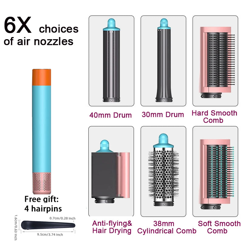SenCiciMen 6-in-1 multi hair styler set with blue/pink dryer, curling barrels, and smooth styling brushes for hair.