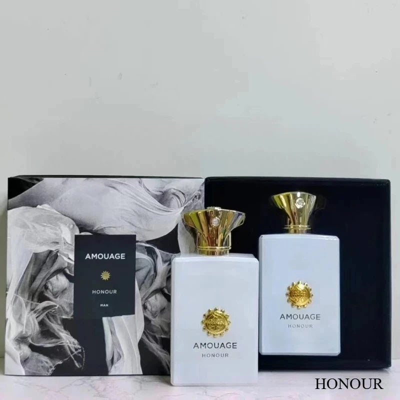 Amouage Honour Man EDP: White rectangular bottle with gold cap, luxury woody spicy masculine cologne in gift box set.