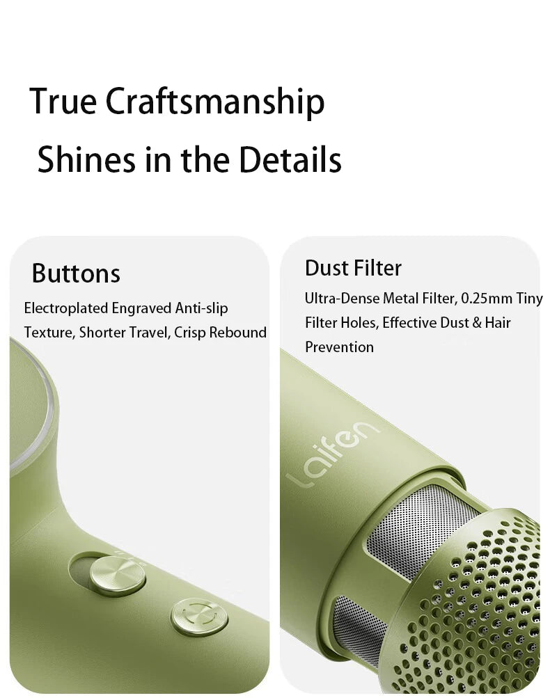 Laifen Mini high-speed hair dryer in green showing engraved anti-slip buttons and ultra-dense metal dust filter details.