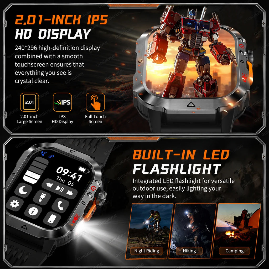 Official Transformers Men Military Smartwatch 1000mAh Big Battery 2.01" HD AMOLED Display Bluetooth Call Waterproof Smart Watch