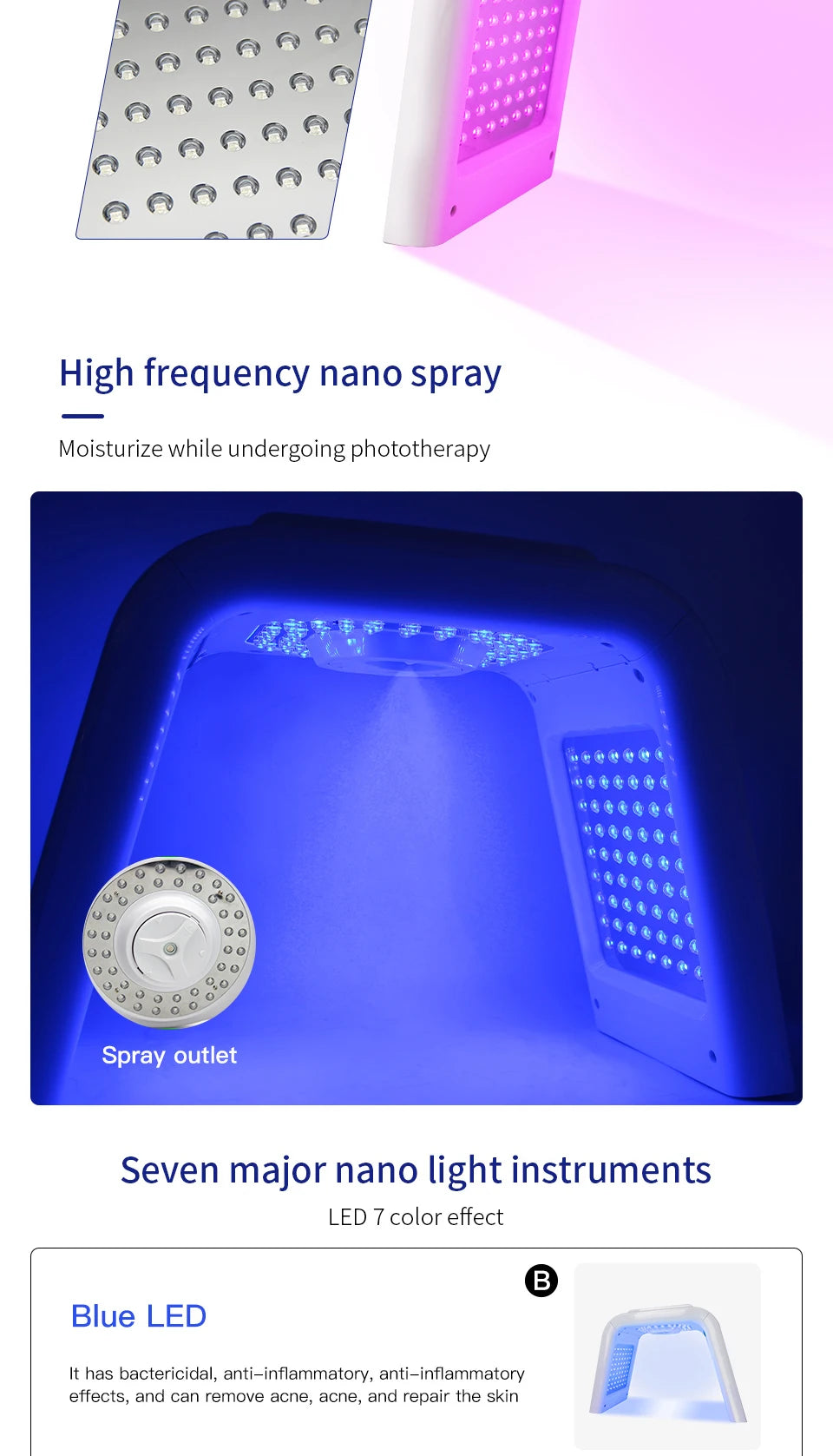 7-color LED PDT facial mask machine with nano spray for anti-acne, anti-aging, and skin rejuvenation therapy.