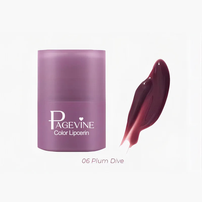 Pagevine moisturizing twist-up lip balm in 06 Plum Dive, a glossy, non-sticky, hydrating tinted lip oil.