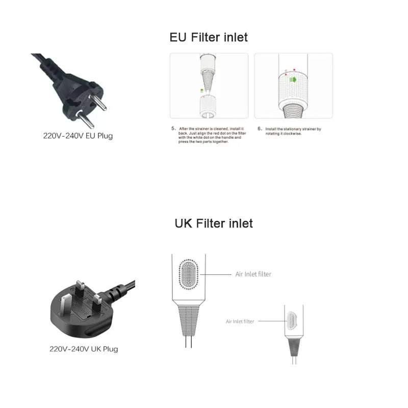 Professional hair dryer maintenance guide showing EU and UK power plugs and air filter cleaning instructions.
