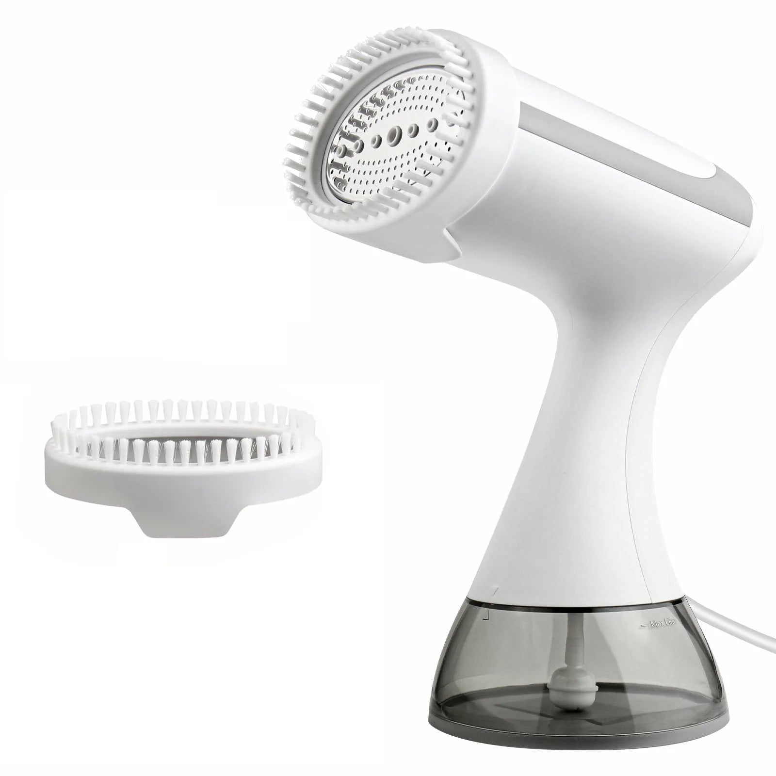 White handheld garment steamer with circular steam head and translucent water tank base