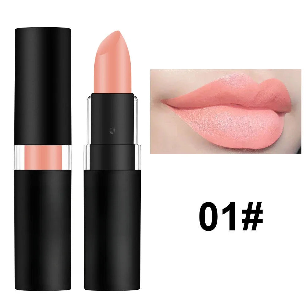 Matte nude peach lipstick in black tube with lip swatch, long-lasting waterproof makeup, color 01#.