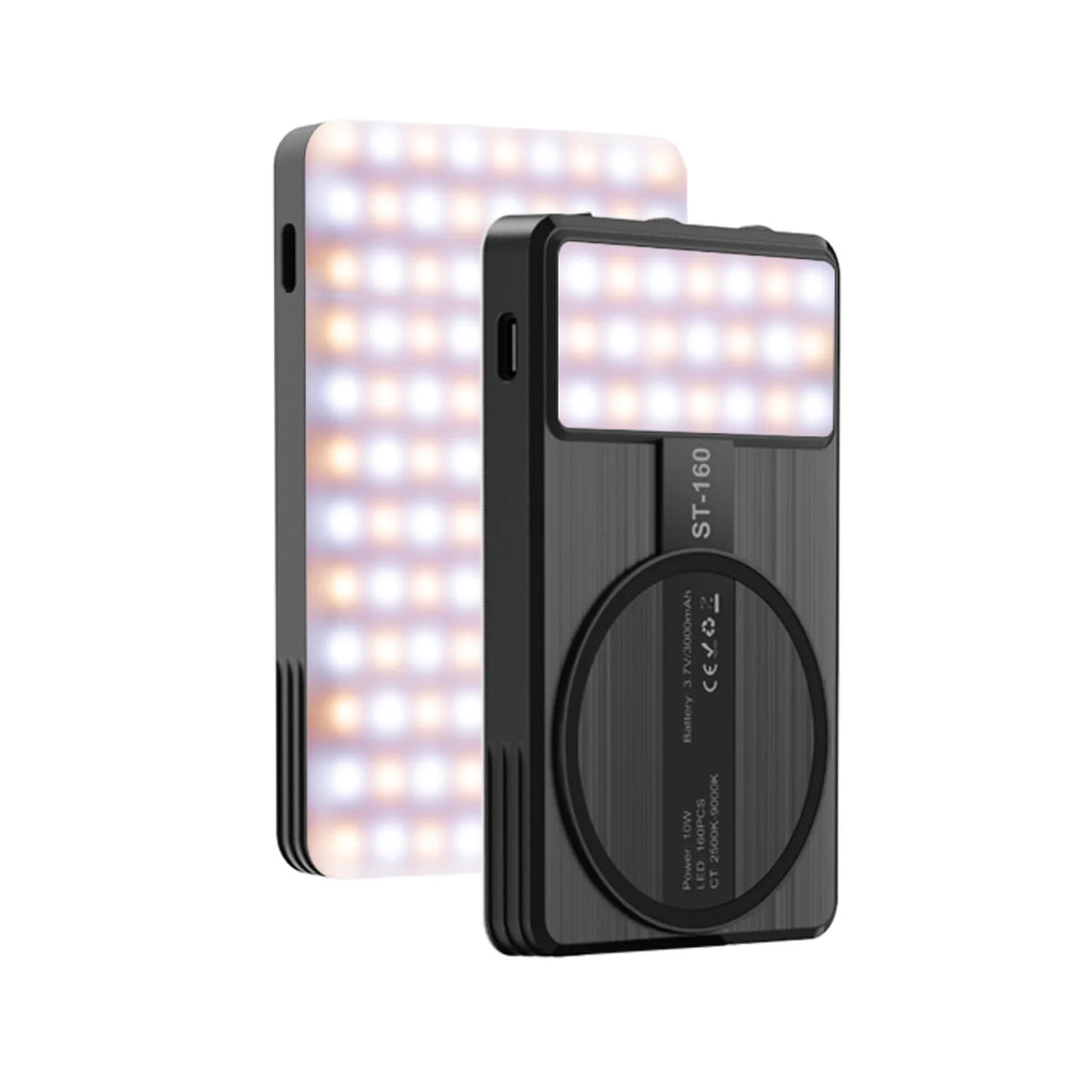 ST-160 portable rectangular LED video light with a black metal frame, magnetic back, and adjustable color temperature.