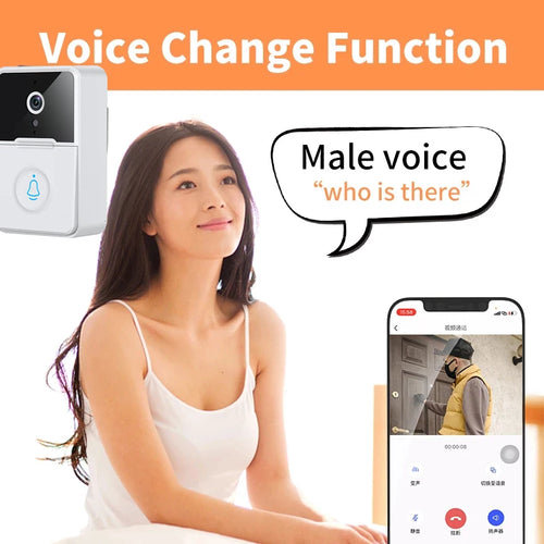 White smart doorbell camera with lens and bell button, shown with voice prompts