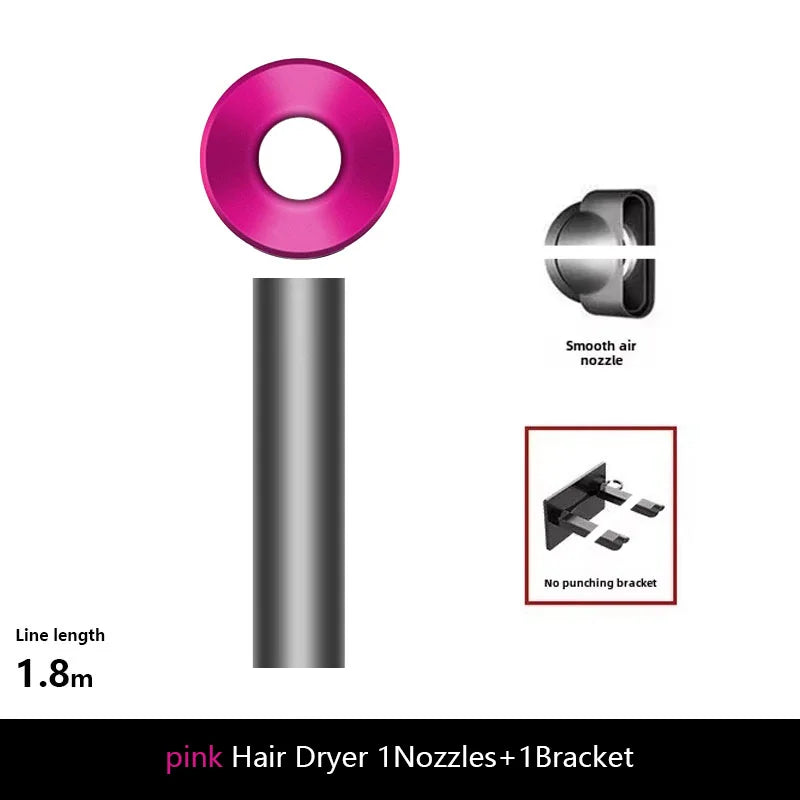 Pink ionic hair dryer with smooth air nozzle and wall-mount bracket, 1.8m cord, professional styling tool.